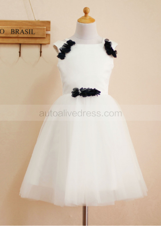 Boat Neckline Satin Tulle Knee Length Flower Girl Dress